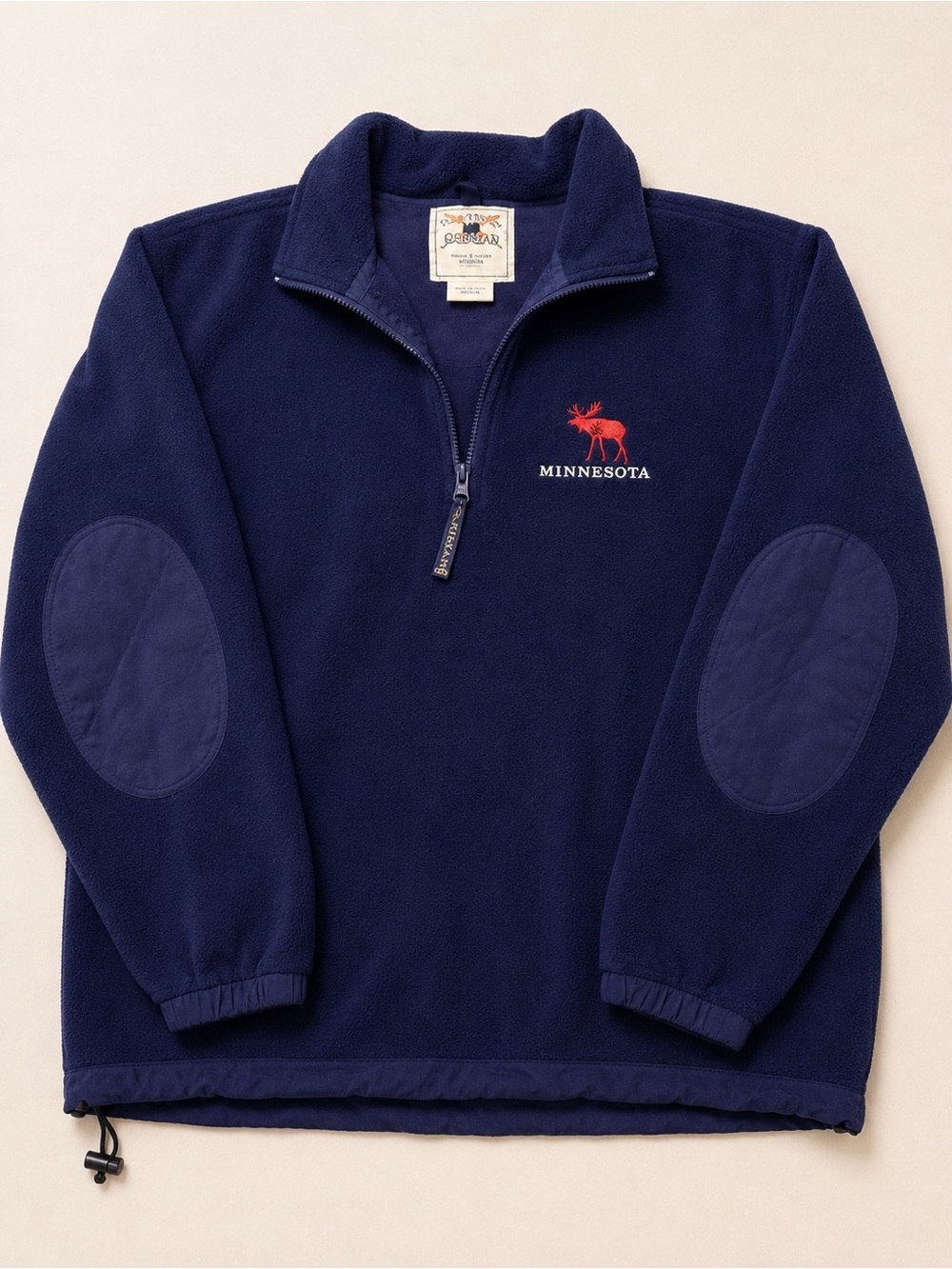Oarsman 913 Minnesota Moose Quarter Zip Fleece Pullover Navy Blue Elbow Patch